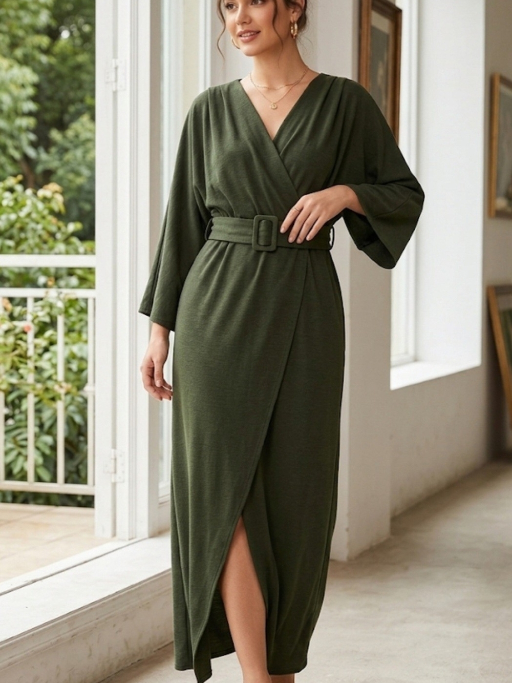 Olive Green Wrap Maxi Dress with Belt